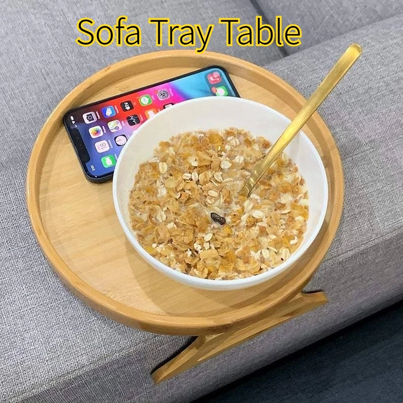 Bandeja para Sofá, Bandeja con Clip para Reposabrazos de Sofá, Bandeja de Madera Natural para Sofá, Bandeja Práctica para TV, para Control Remoto, Café y Aperitivos