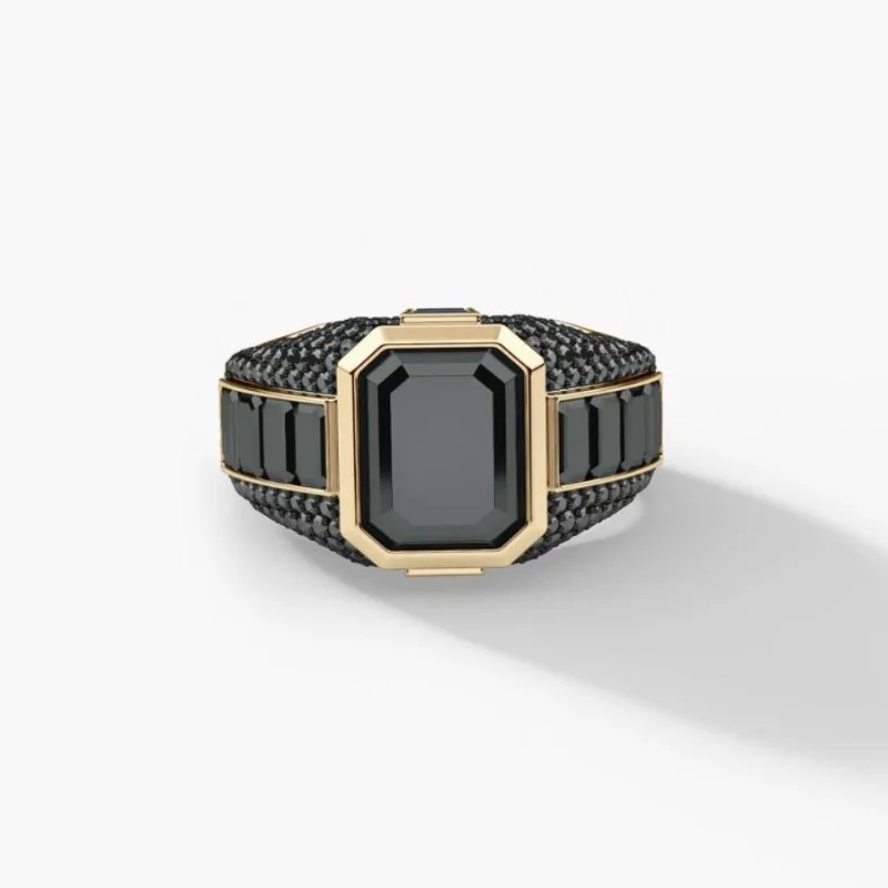 Huajie Men's Powerful Feel Black Square Zircon Inlay Rings Light Luxury Gold Color Unique Temperament for Men Jewelry Tide