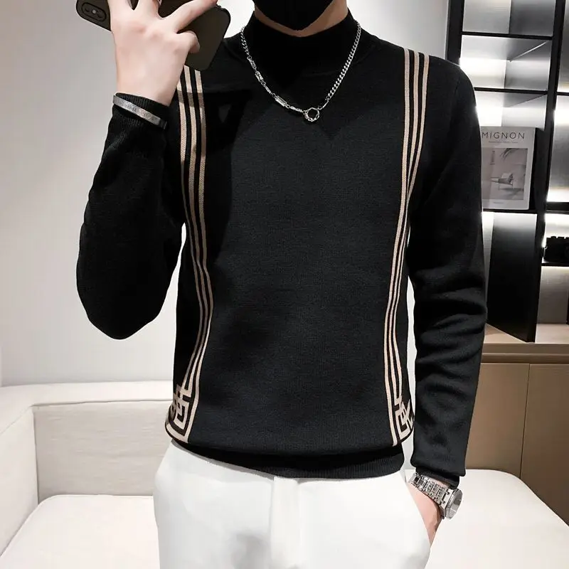 Simplicity Trend Autumn Winter Sweaters New Men\'s O-Neck Solid Plaid Fashion Casual Loose Long Sleeve Knitted Pullovers Tops