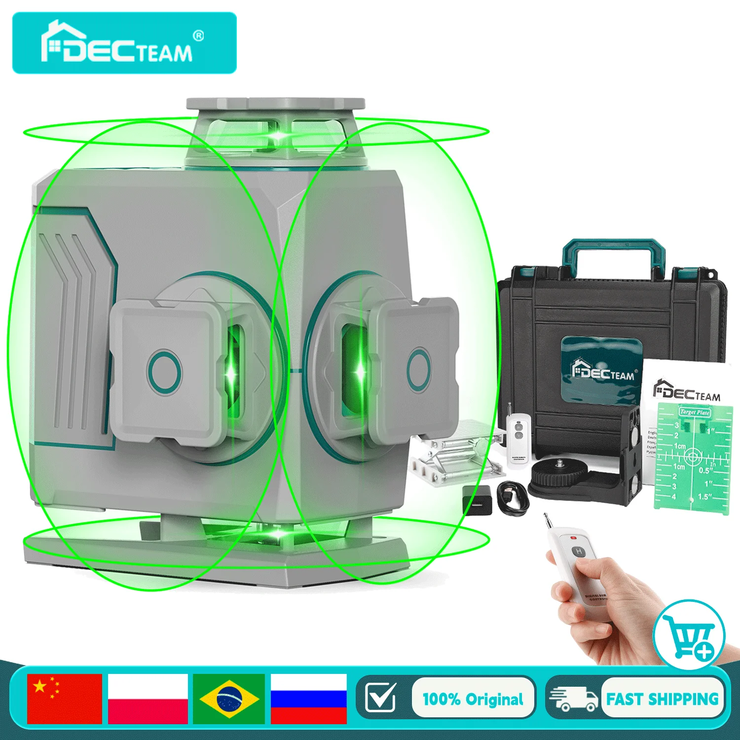 

Decteam 4D 16 Lines Self-Leveling Laser Level Green Cross Line Remote Control Laser Tool with Li-ion Battery &Hard Case For Tile