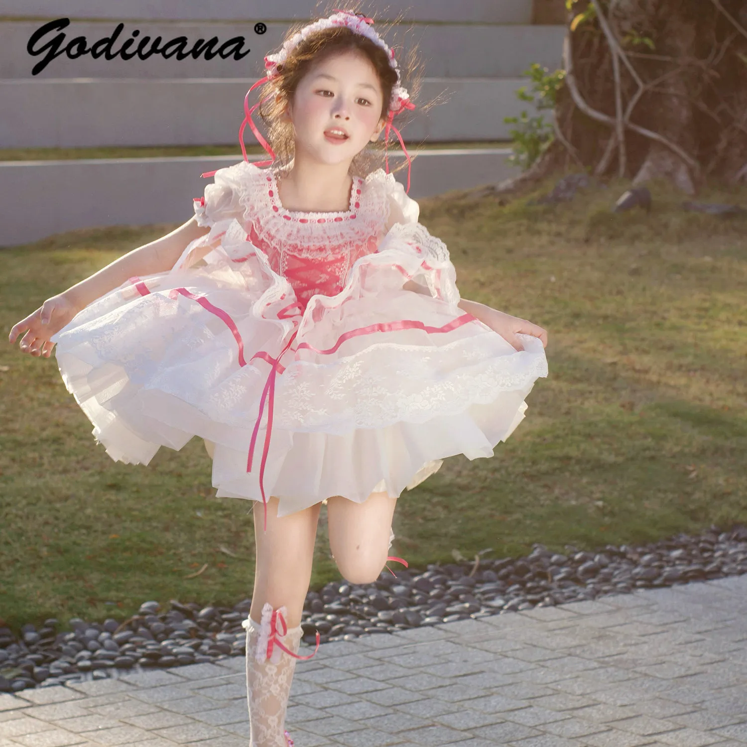 Sweet Cute Baby Girls 2026 New Summer Puff Sleeve Lolita Princess Dress Kids Bow Lace Trim Embroidery High Waist Mesh Tutu Dress
