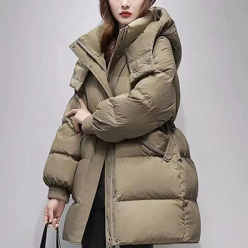 

New Women's Korean Down Jacket Winter Warm Coat Removable Hooded Parker Overcoat Fashion Female Cold 95% White Duck Down Coats