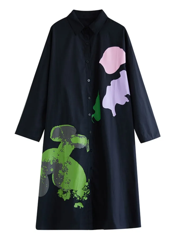 Herfst Shirt Jurk Vrouwen Graffiti Print Fashion Casual Losse Geplooide Dames Oversized Jurken Lange Mouw Vrouw Jurk