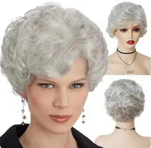 Peluca rizada, pelucas cortas sintéticas para mujer, pelo Natural, peluca gris con flequillo, disfraz de Cosplay, peluca elegante para mujer mayor