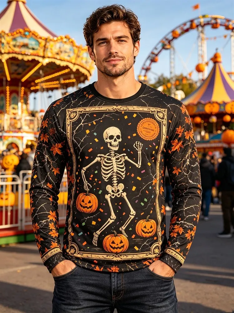Men's Halloween Pumpkin Candle Long Sleeve T-Shirt Ghost Black Cat Spider Web Graphic Tee Spooky Streetwear Pullover Tops