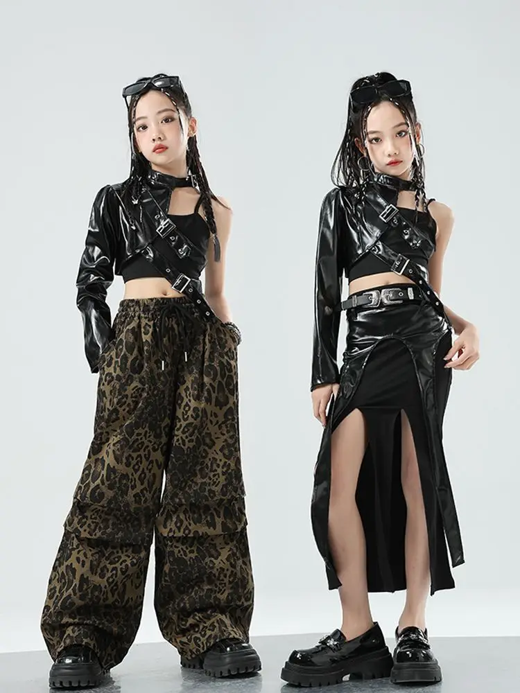 Kids Jazz Dance Costume Hip Hop Kpop Performance Wear Sleeve Tops Leopard Print Pants Girls Fashion Clothes Streetwear