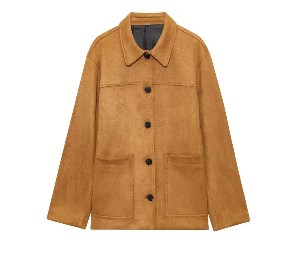 

Women's Anti Fleece Single breasted Leather Jacket with Large Pocket Collar Long Sleeve