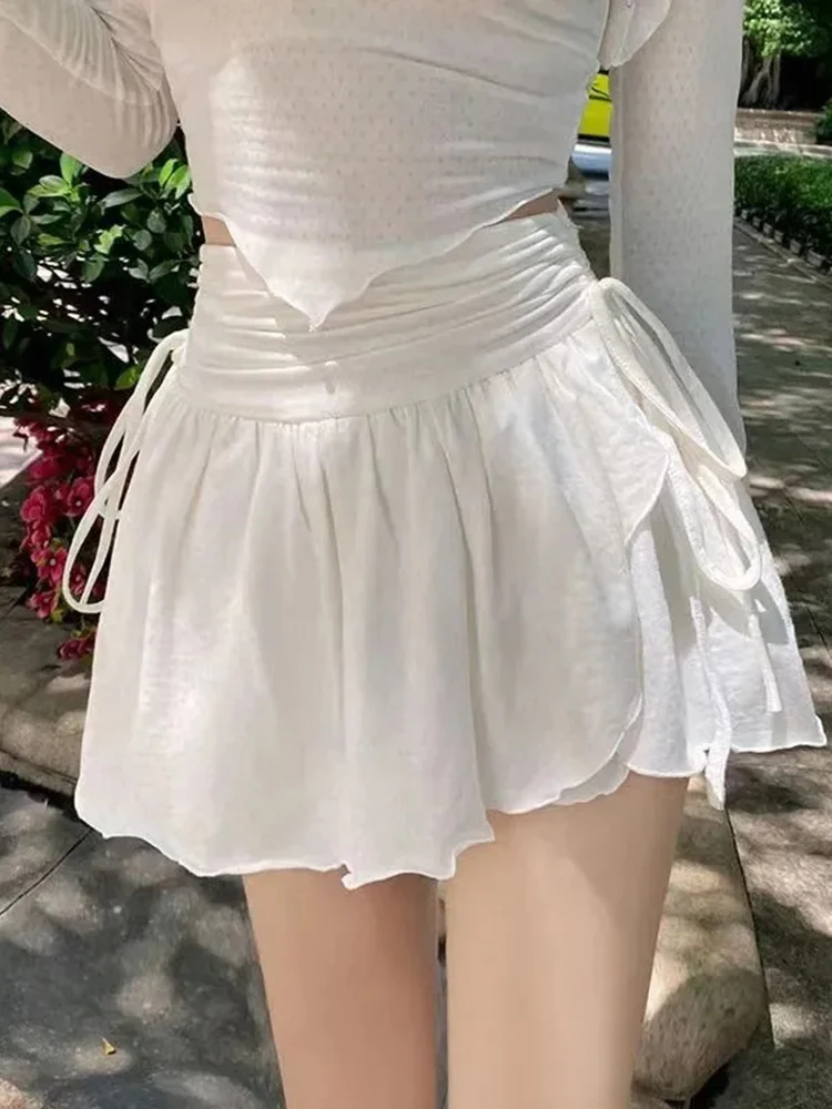 

Korean Summer Fashion White Mini Skirt Women New High Waist Irregular Drawstring Pleated Skirt Girl Style Versatile Short Skirt