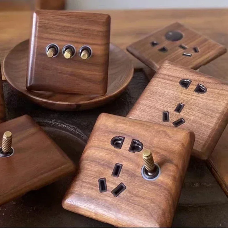 86x86mm Solid Wood Embedded Power Outlet - Childproof EU/RU/FR Socket, Fireproof Vintage Panel for Industrial & Villa Use