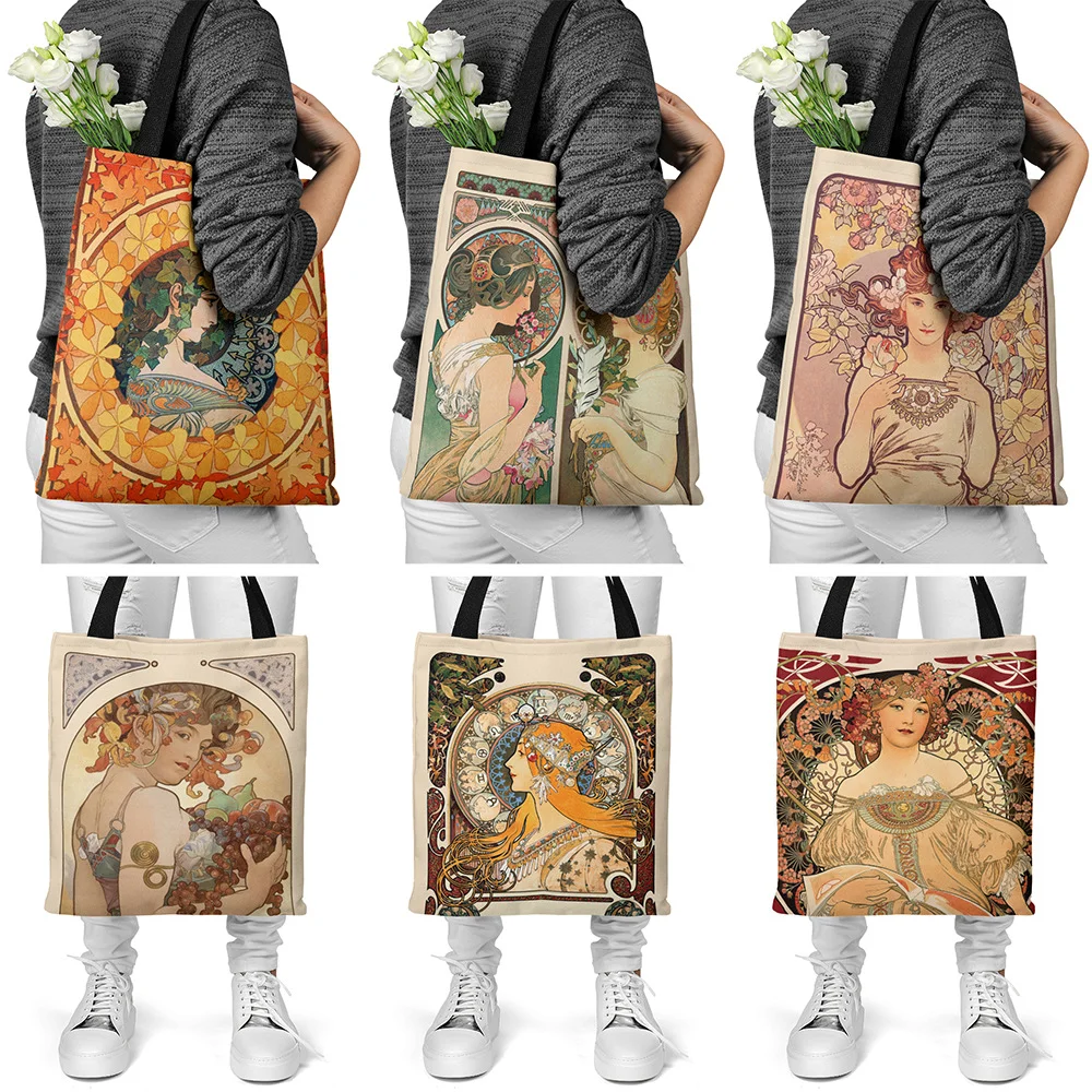 Mucha Series Digital Printed Canvas Bag Open Tote Bag Handbag Retro Canvas Shopping Bag