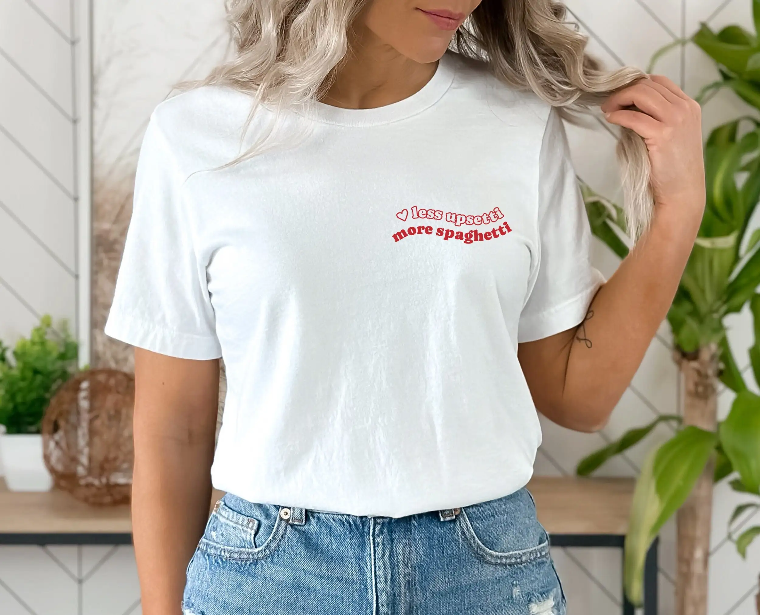 Less Upsetti More Spaghetti T Shirt Funny Pasta Quote Retro Text Italian Food Clothing Aesthetic Wavy Letters Pizza Lover