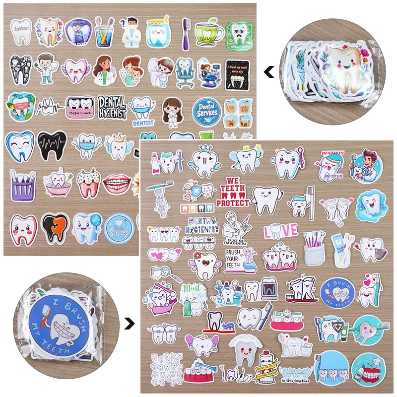 100pcs Tooth Shaped Stickers Cartoon Teeth Sticker Decals Clinic Decoration Gift