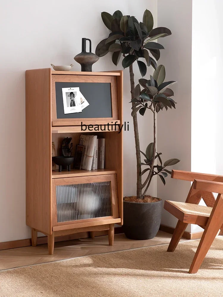 M178 A Nordic Solid Wood Bookcase Japanese-Style Flip Glass Magazine Cabinet Multi-Function Locker Cherrywood