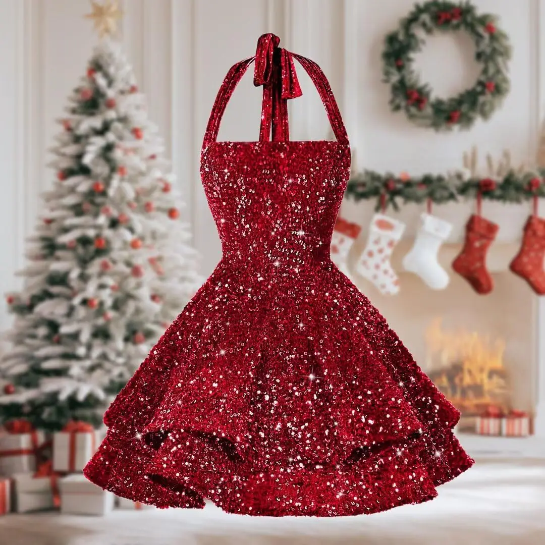 Sequin Short Homecoming Dress for Teens Short Prom Dresses Halter Neck Sparkly Tiered Cocktail Party Gowns image 3