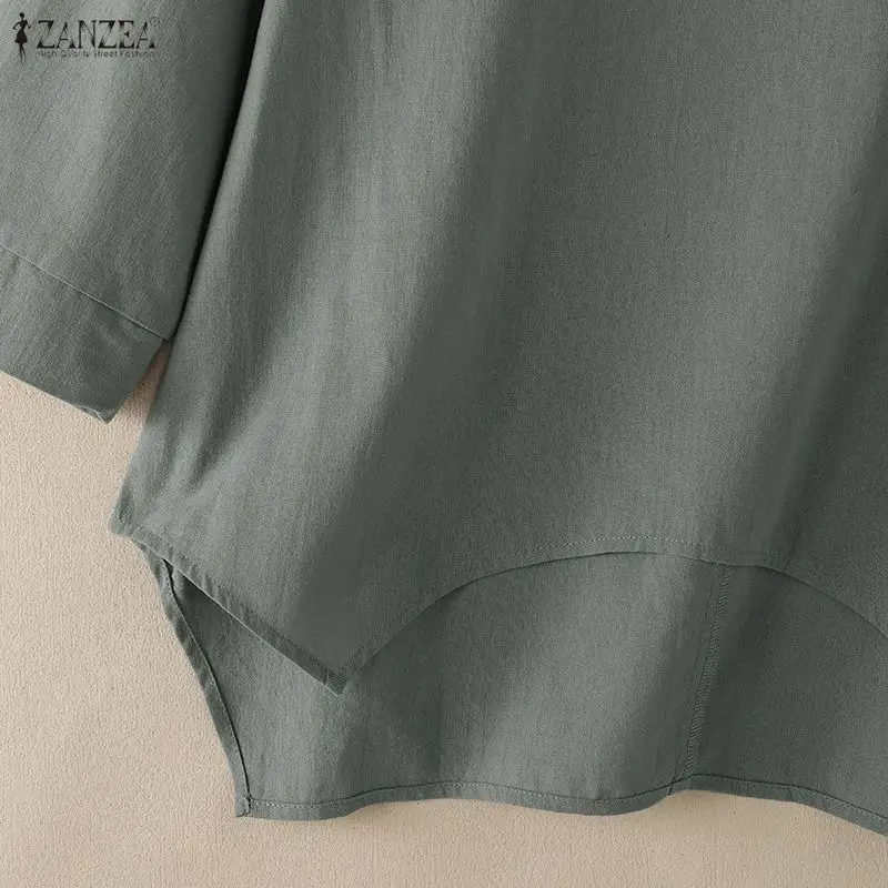 ZANZEA Lässige Baumwoll-Bluse für Damen mit 3/4-Armel, O-Ausschnitt, einfarbigem Hemd, asymmetrischem Saum, locker geschnitten, übergroße Urlaubstunika, Größe 3XL – Detail 10