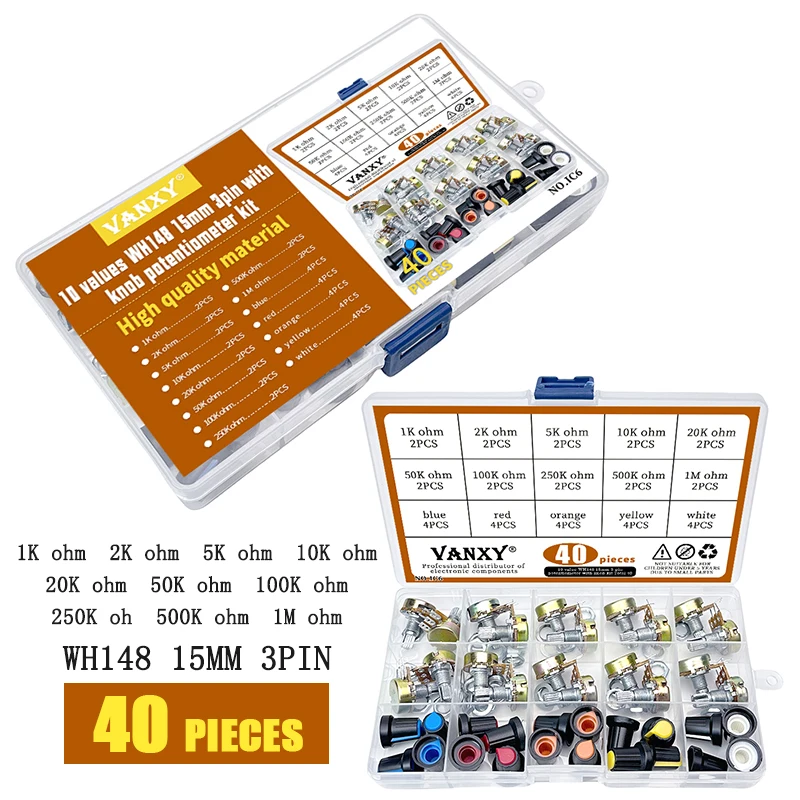 

15 values kit WH148 B1K B2K B5K B10K B20K B50K B100K B250K B500K B1M ohm 3pin 15mm 1K 5K 10K 20K 50K 100K 500K 1M potentiometer