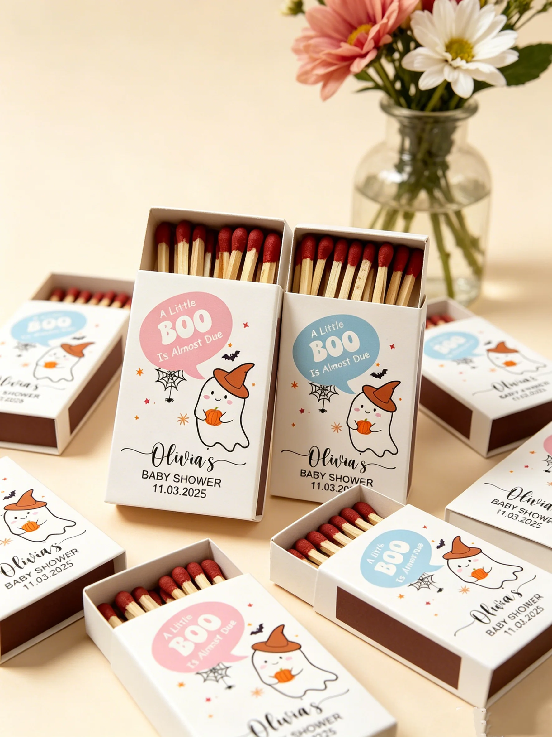 

A Little Boo is Almost Due Personalized Halloween Baby Shower Matchboxes Bulk Spooky Party Favors
