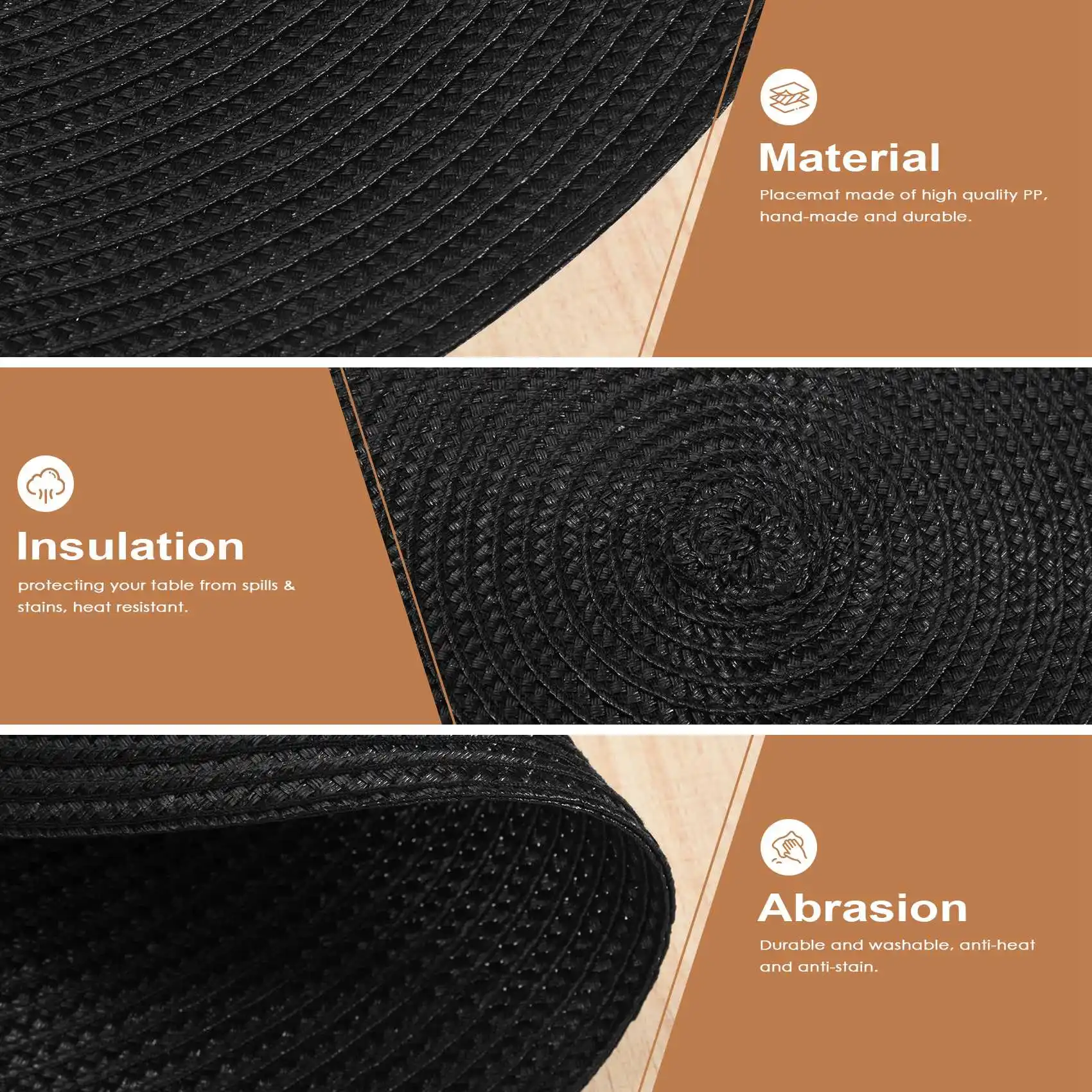ABCA-Round Braided Placemats Set Of 6 Table Mats For Dining Tables Woven Washable Non-Slip Place Mats 15 Inch Halloween Black