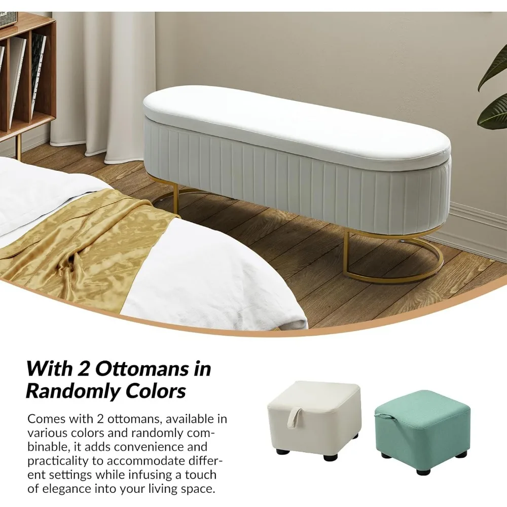 Бархатная скамья для хранения вещей с двумя дополнительными пуфиками, современная длинная скамья для хранения с откидной крышкой и золотым металлом