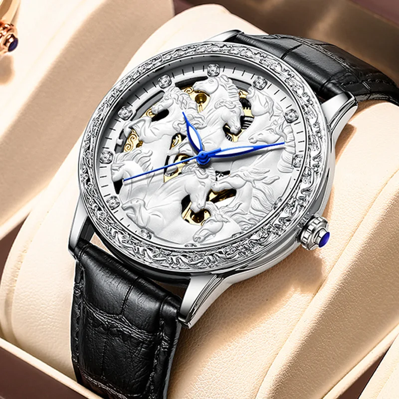 Stainless Steel 3D Carved Eight Horses Skeleton Luminous Waterproof Precision Leather Strap Self-Wind Automatic Watch for Men
