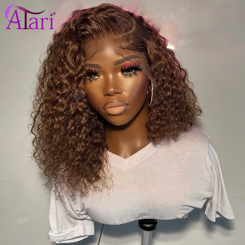 Chocolate Brown Jerry Curly Short Bob Human Hair Wigs Transaprent 13x4 Lace Frontal Pre Plucked Bob Wig for Women 180 Density