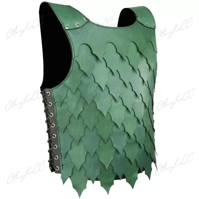 Fantasia Cosplay Medieval Masculina, Couro PU, Colete de Escala, Armadura Larp, Cavaleiro, Guerreiro, Duplo Verde, Jersey, Cuirass, Roupa Cosplay, SCA Mesa, SCA