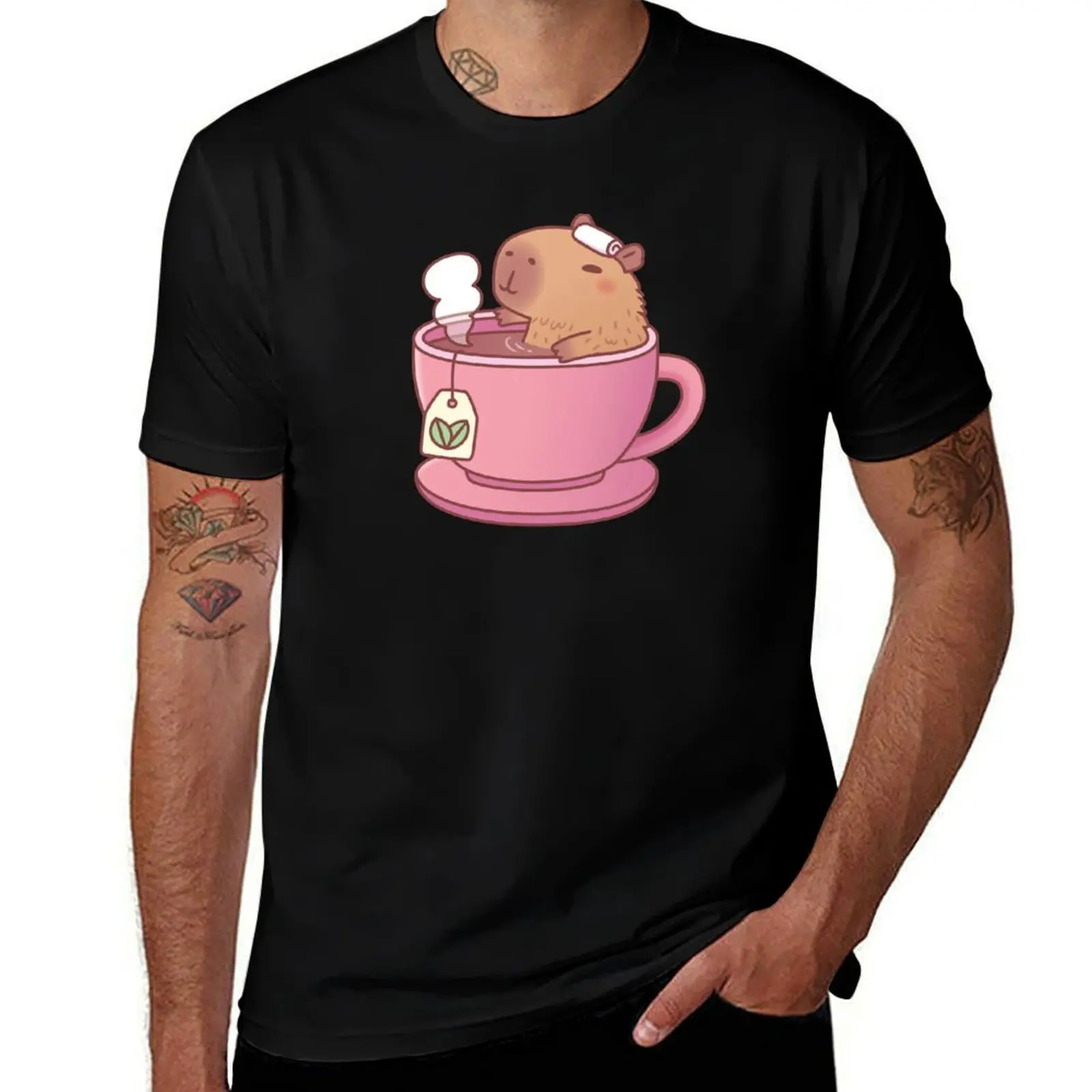 Cute Capybara Relaxing In Cup Of Tea T-Shirt Casual All Match Short Sleeve T-Shirt