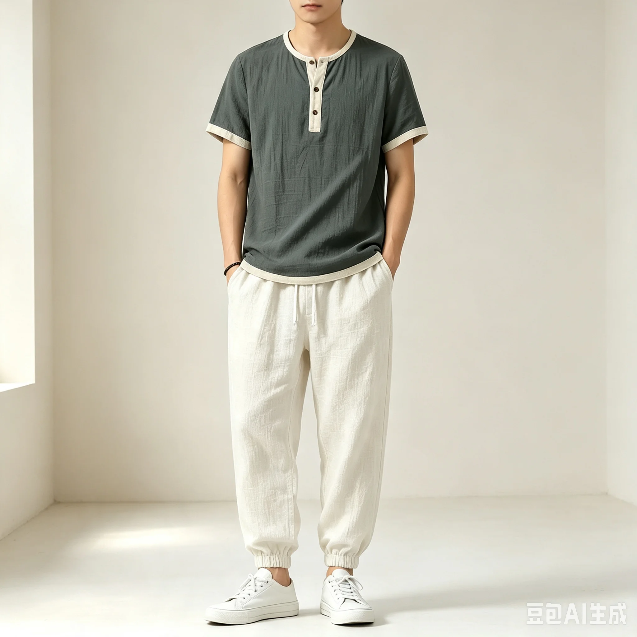 Herren 2-teiliges Freizeitset, einfarbig, Kurzarmhemd mit Knöpfen und lange Hose, Sommer-Outfit, Streetwear-Trainingsanzug – Detail 3