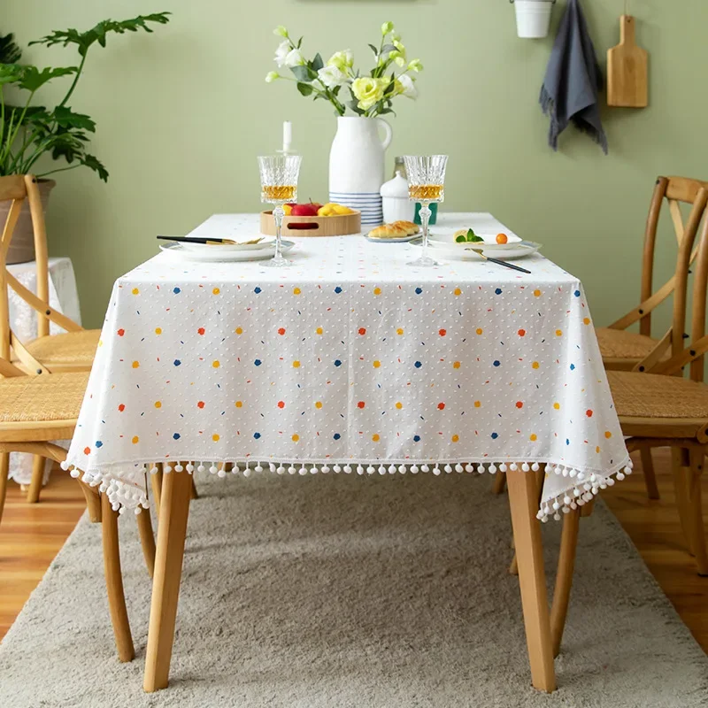 White Pompom Tablecloth Rectangle Boho Jacquard Dust-Proof Table Cover for Kitchen Dinning Living Room Tabletop Home Decorations