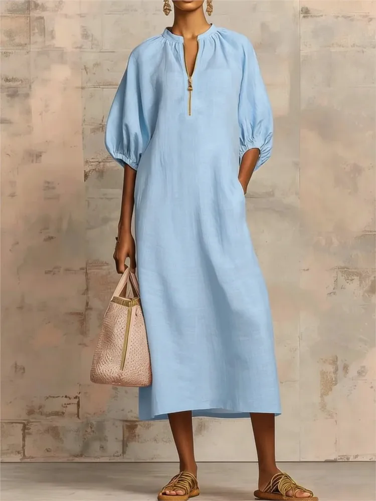 

Fashionable Casual Solid Color Zipper V-Neck Long Dress 2026 Summer New Elegant Holiday Short Sleeve Loose Maxi Dress Female