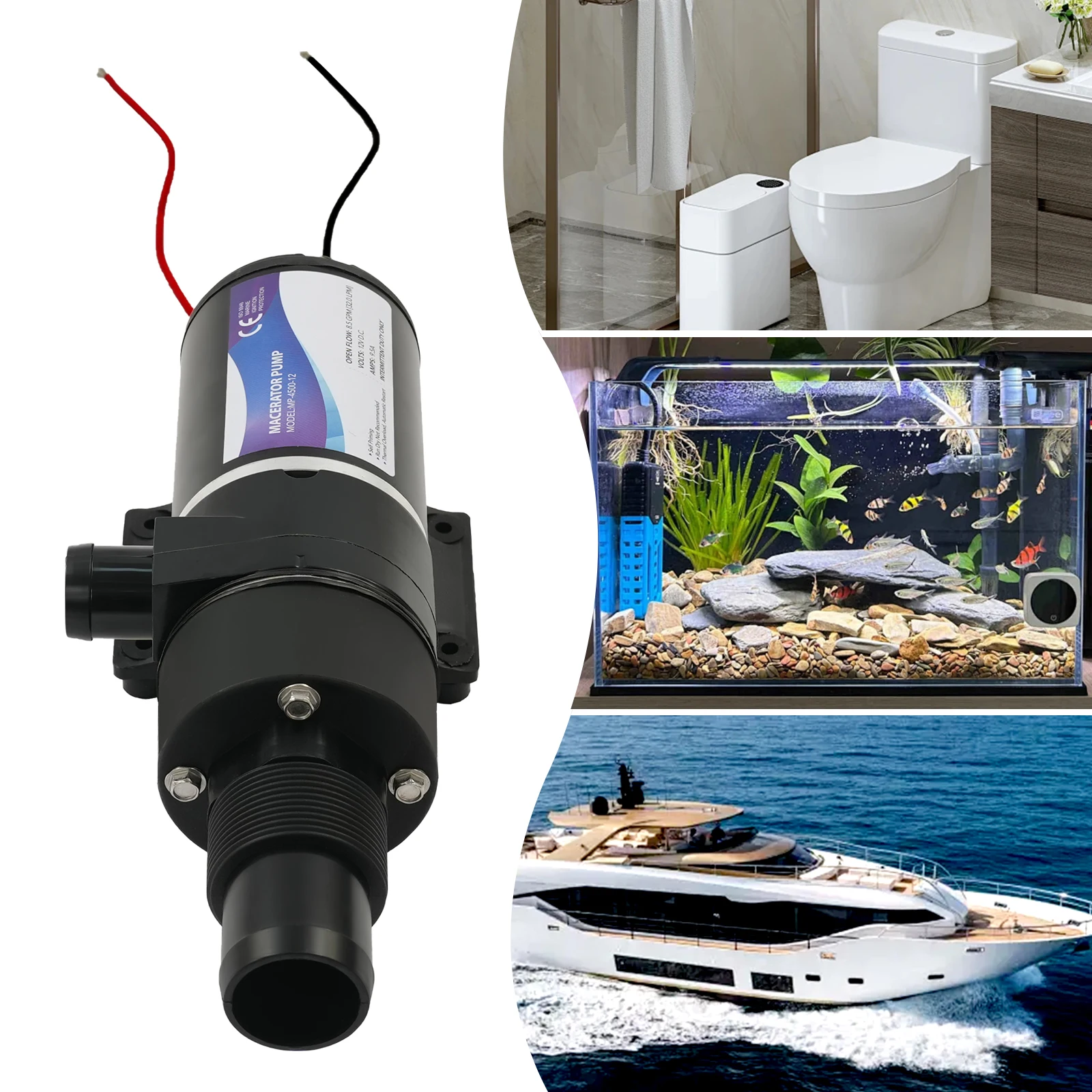Sewage Pump 12V 144W, Self Priming Macerator Pump 8.5GPM 9.8ft Head, Stainless Steel IP54 for Marine RV Waste