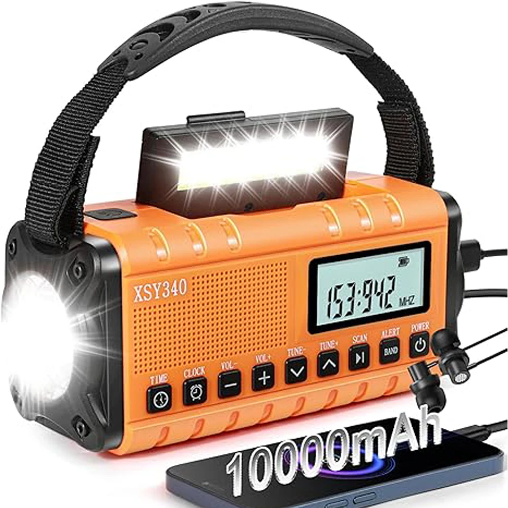 Upgrade 10000mAh Radio Hand Crank Solar AM FM WB NOAA Weather Radio With Emergency Flashlight USB TYPE-C Charging Power Bank