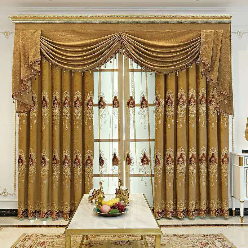 

Custom Noble Chenille living room Chenille gold thread embroidery coffee cloth blackout curtain tulle valance drape C1812