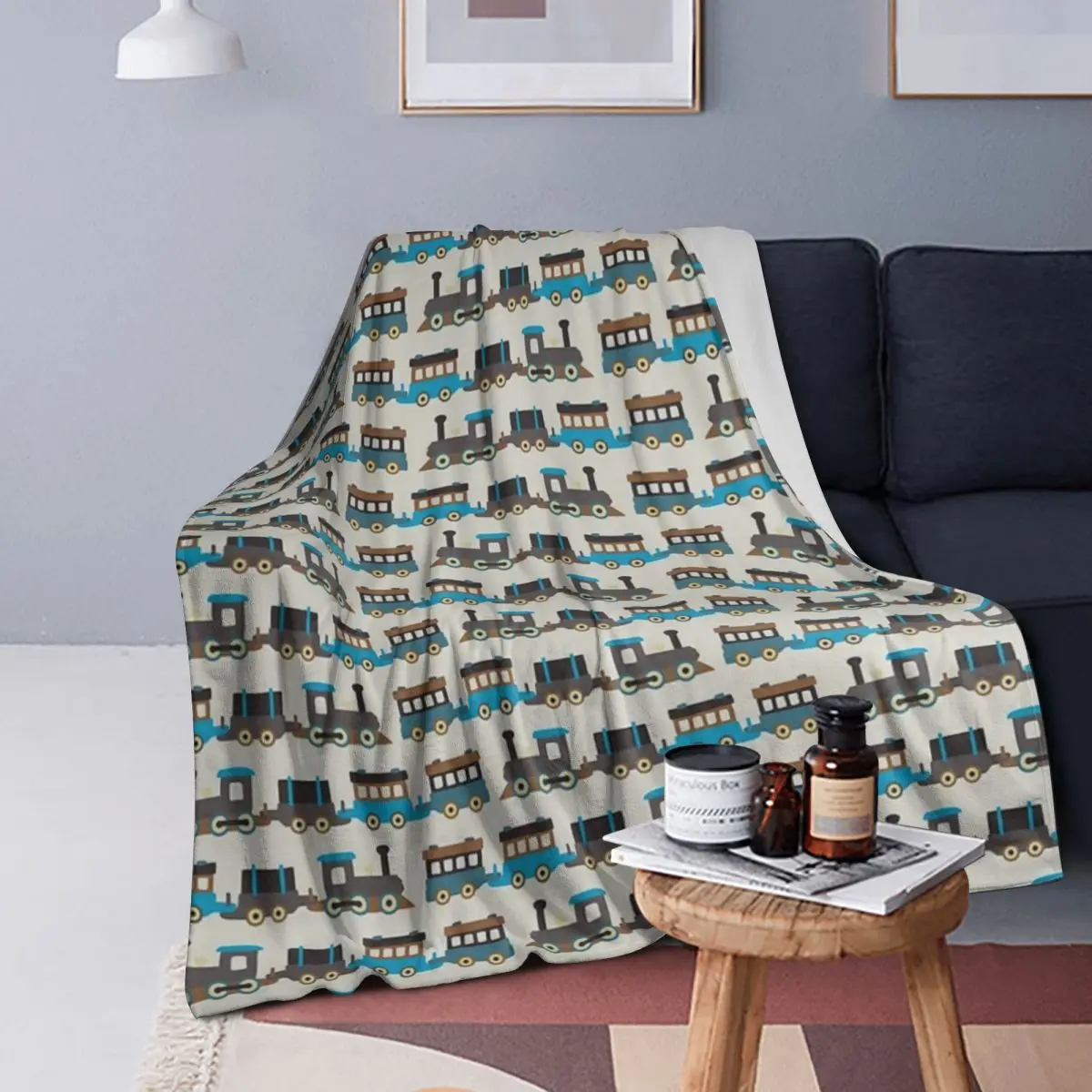 Blue And Brown Wooden Toy Train Blanket Soft Warm Flannel Throw Blanket Cover for Bed Living room Picnic Travel Home Sofa
