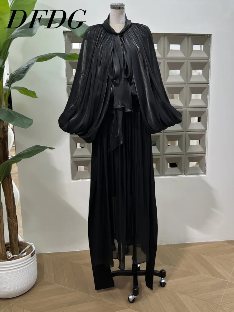 

DFDG женское драпированное шифоновое платье макси с завязками на талии и рукавами-фонариками, вечернее платье с низкой спинкой, женское летнее платье 2025