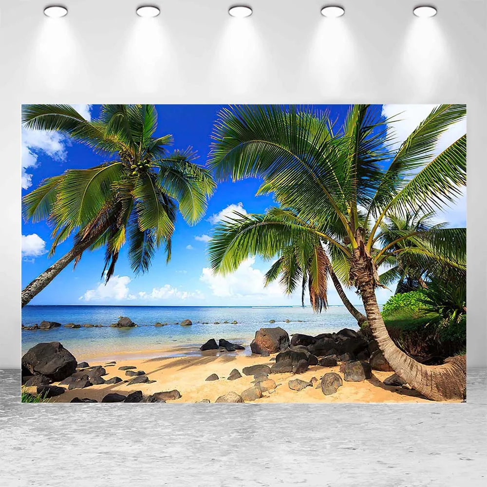 Mocsicka ฤดูร้อนฉากหลังสําหรับถ่ายภาพฮาวายชายหาดปาล์มต้นไม้ Seaside Reef พื้นหลังตกแต่ง Photo Studio Props Photobooth