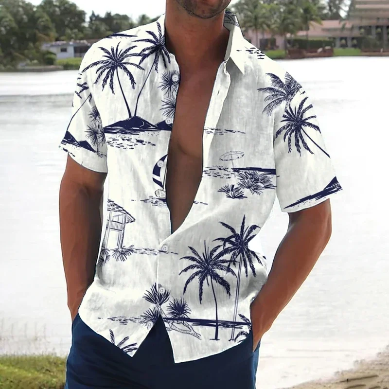 2024 Retro Men'S Shirt Coconut Tree Print Short Sleeve Shirts Beach Casual Man Clothing Loose Oversized Hawaiian Shirts For Men