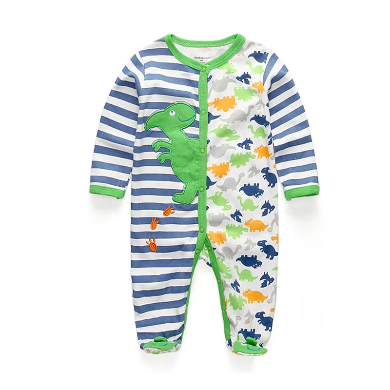 Kiddiezoom Fashion Classic Green Dinosaur Print Unisex long Sleeve Causal Baby Boy Girl Rompers Soft 100%Cotton Newborn Clothing