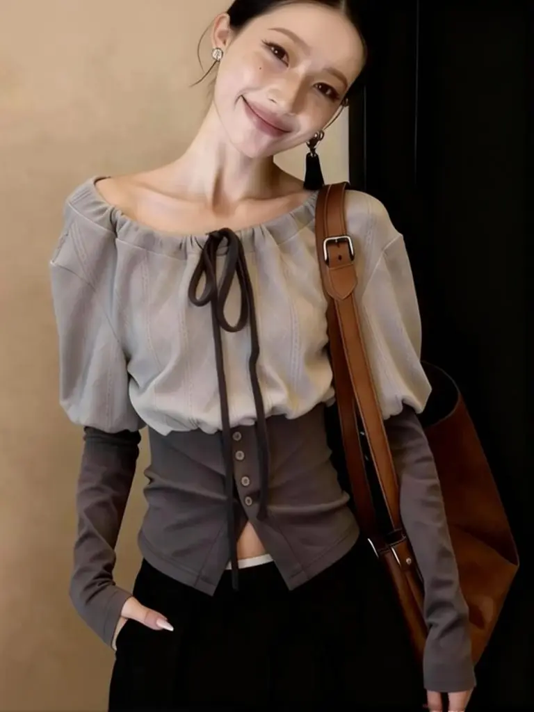Vintage Button Tunic Long Sleeve Top Women French Elegant Off Shoulder Bow Tied T-Shirt Vintage Patchwork Basic Tees Casual