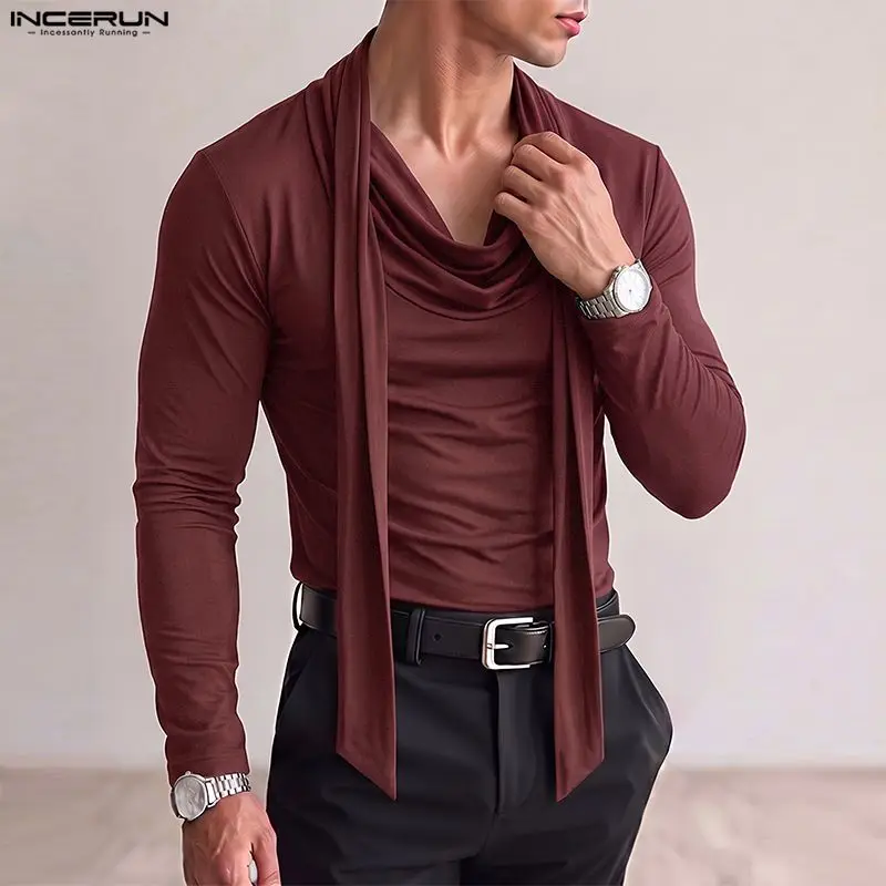 INCERUN Men's T Shirt Solid Color Pleated Long Sleeve Belt Casual Men Clothes Streetwear 2026 Fashion Tee Tops For Man Camisetas