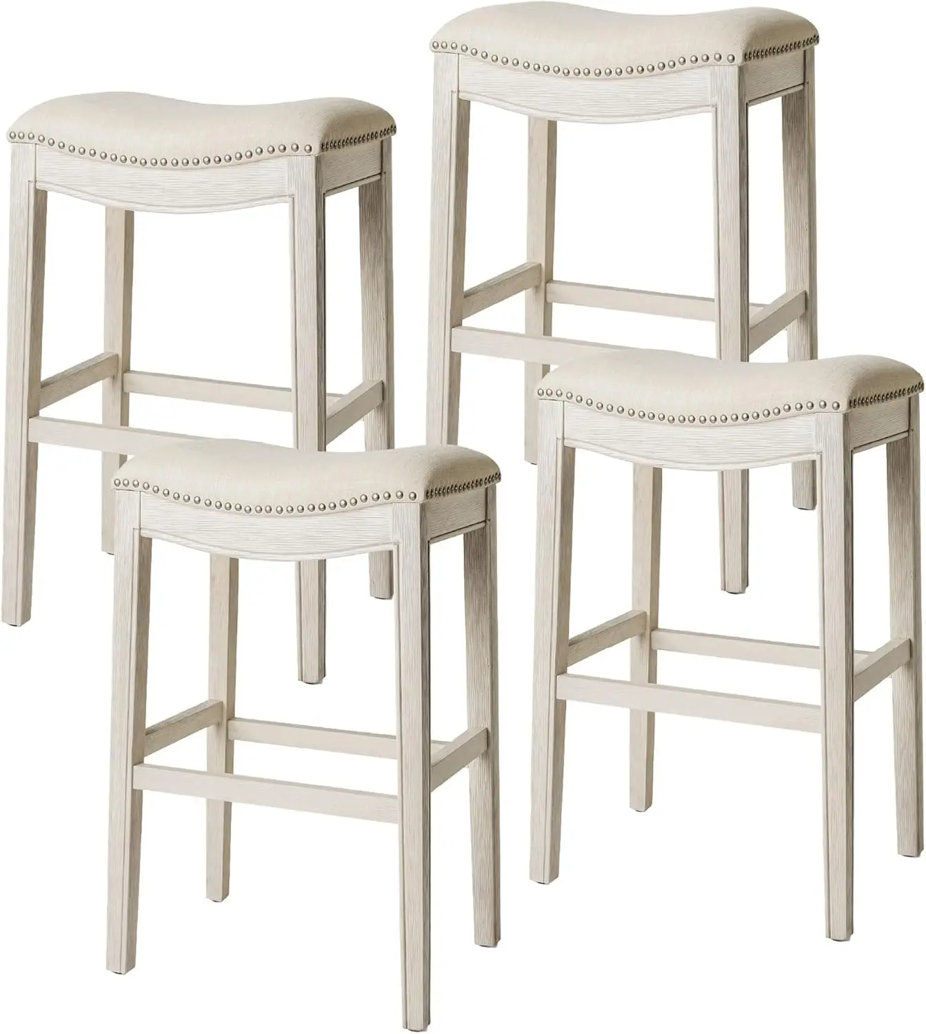 

Backless Bar Stool – Set Of 4 – 31 Inch Saddle Seat With Footrest – Cream Solid Wood Frame & Natural Fabric, Customized