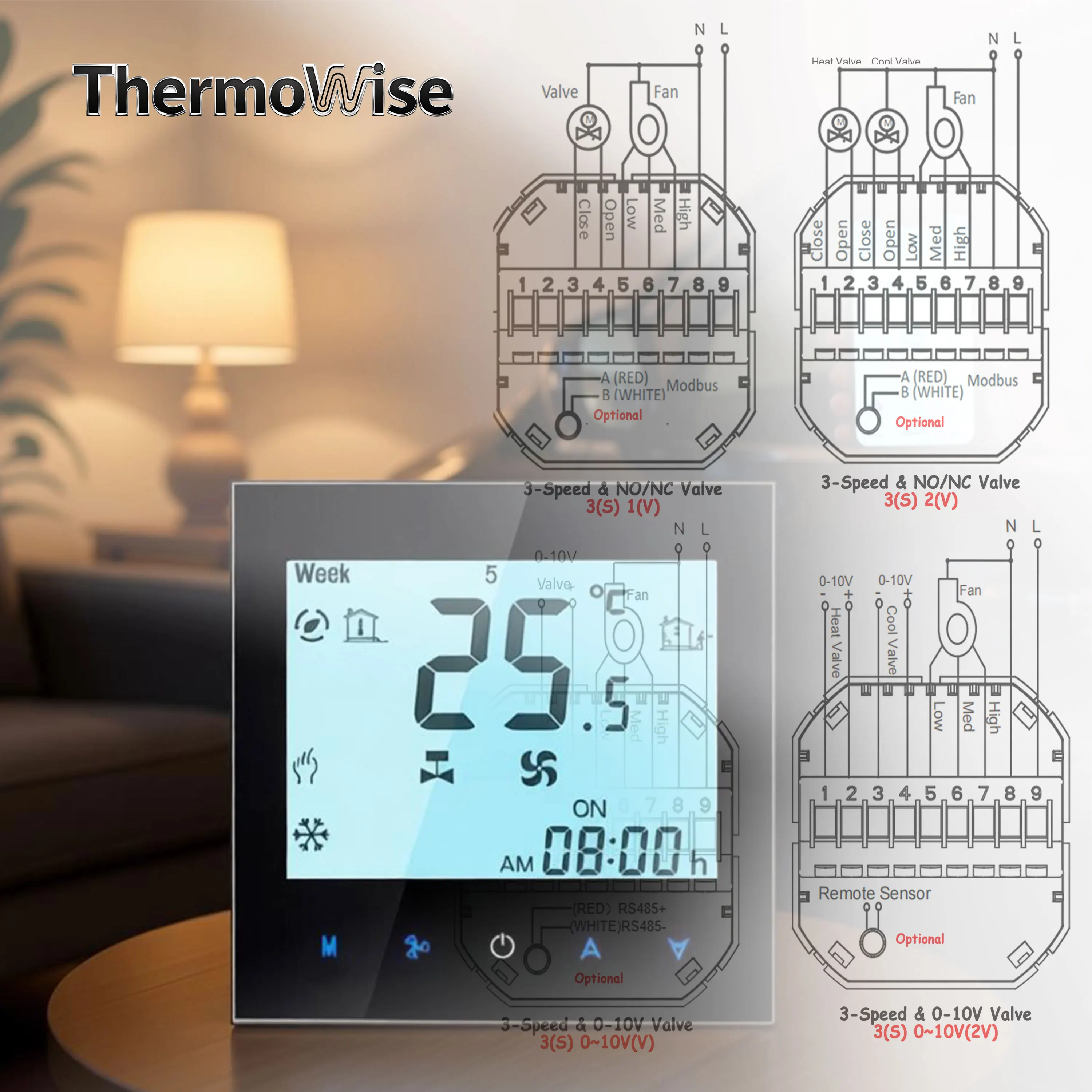 WIFI/RS485 Modbus 0-10V Thermostat For EC/Switch Valve 2P/4P FCU 3-Speed Temperature Adjustment By 24V 220VAC