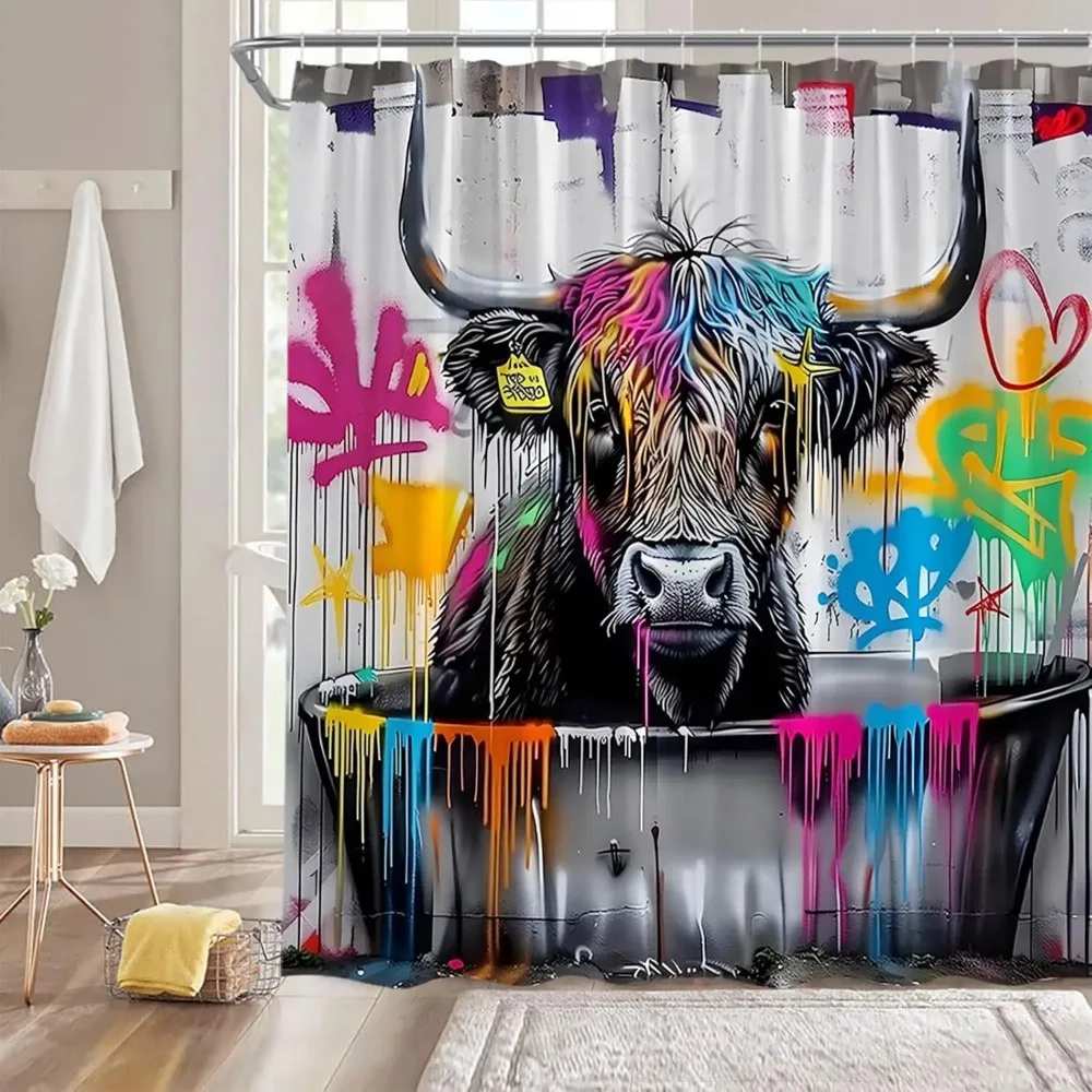 Highland Cow Shower Curtain, Farmhouse Animal Longhorn Abstract Graffiti Cattle Funny Bathroom Decor, Waterproof Fabric