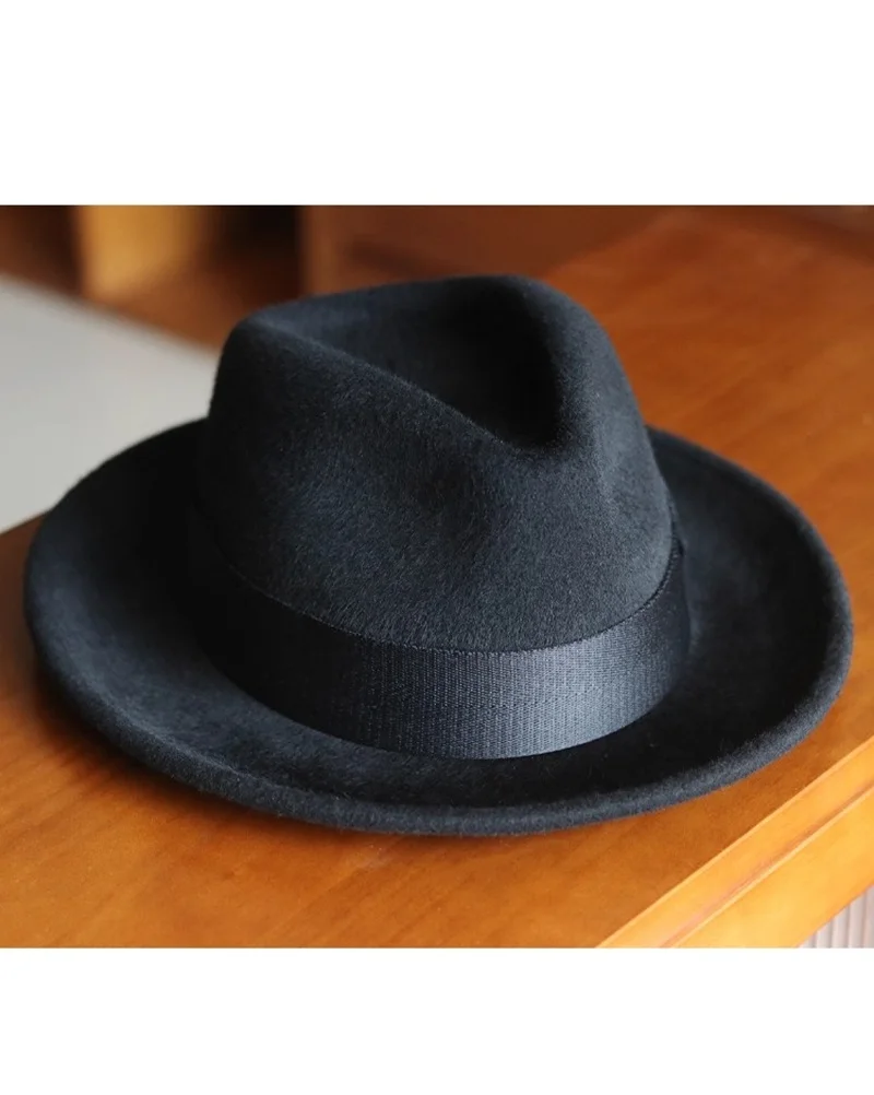 Autumn Winter Handmade Australian 100% Wool Jazz Hat, 5.5cm Short Brim Felt Hat  With Coffee Color 57/59/61cm
