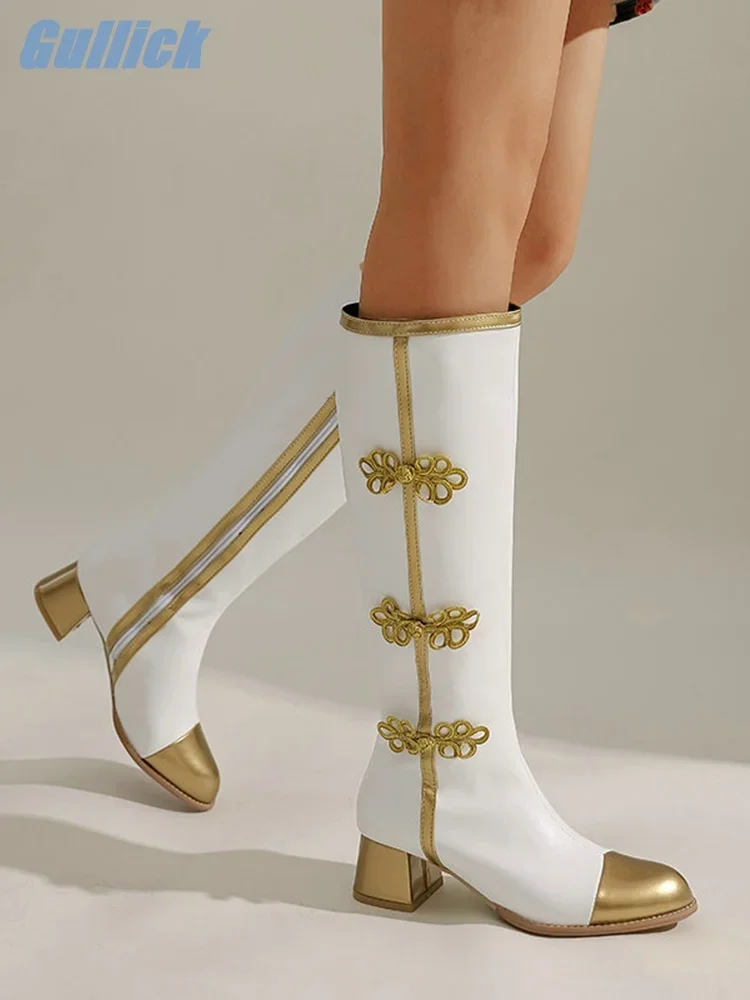 

Женские ботинки Gullick с китайским узлом из искусственной кожи, разноцветные туфли с круглым носком, новый этнический стиль, боковая молния, туфли на квадратном каблуке, размер 34-52