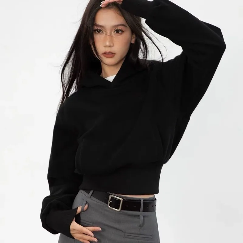 

American Retro Letter Embroidery Solid Color Crop Hoodies Sweatshirt Women Loose Spring Autumn Slim All Match Chic Tops Mujer