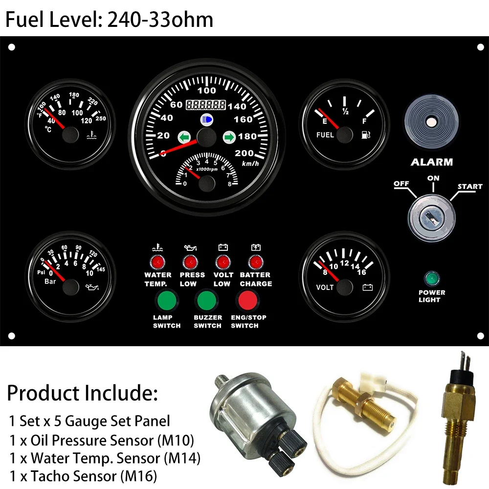 New Marine 5 Gauge Panel with 0-200km/h GPS Speedometer + Tachometer Water Temp.Fuel Level Oil Pressure Voltmeter 300*190mm 12V