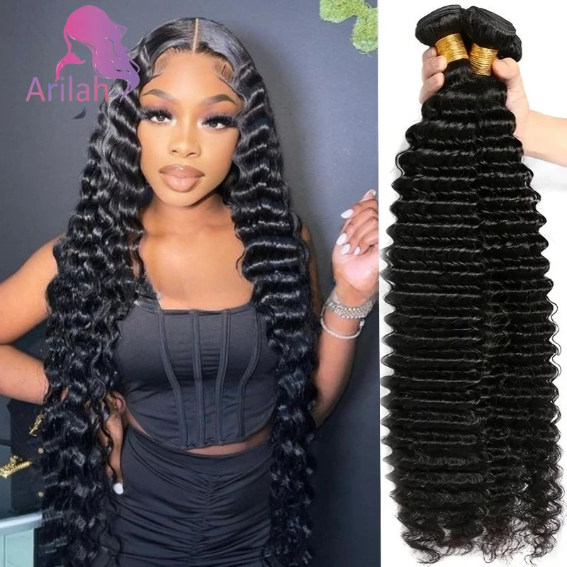 

32 дюйма 1/2/3 шт. 12A класс глубокая волна пучок человеческих волос двойной уток наращивание волос 100 г/шт полный конец натуральный цвет бразильский девственница