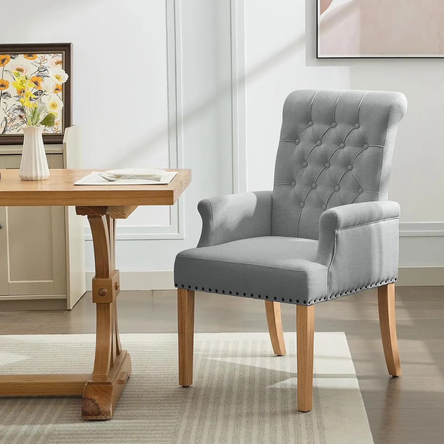 

Upholstered Tufted High Back Dining Chair w/ Arms & Wood Legs & Nailhead Trim for Kitchen Living Room, Customized