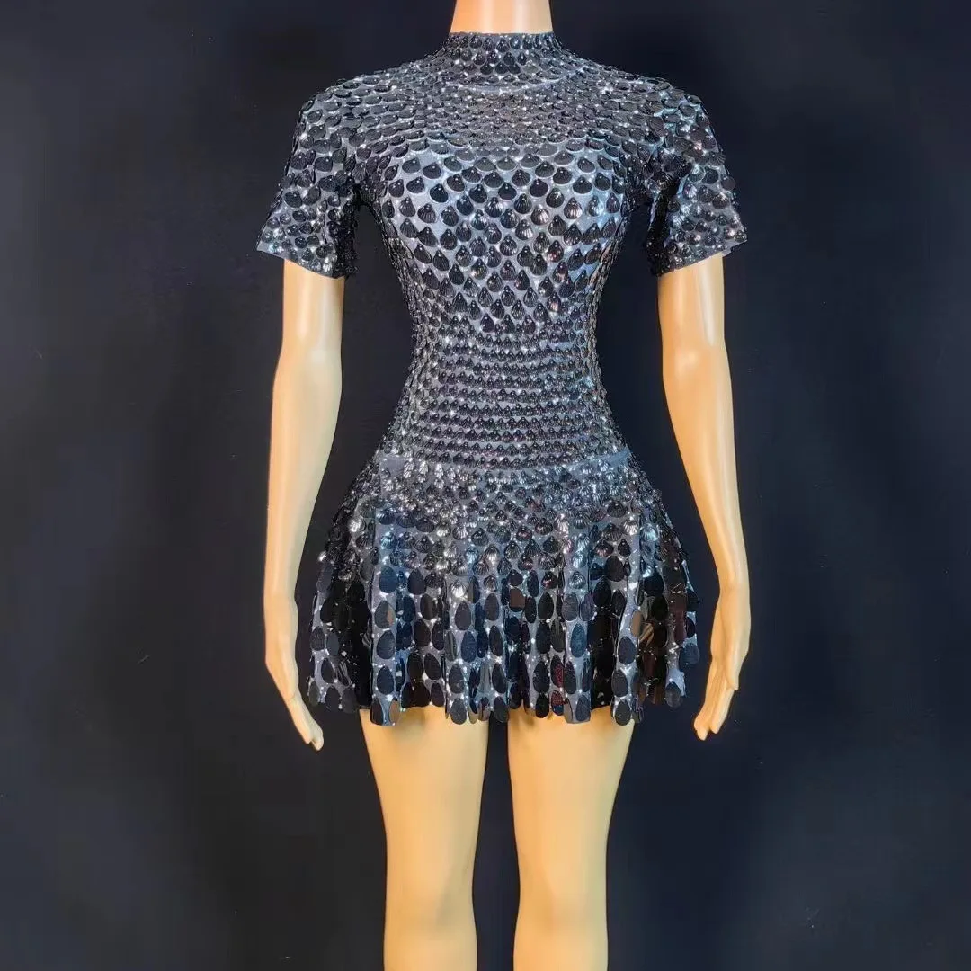 Popular Fashion Sequined Shell Skirt Short-sleeved Dress Nightclub Party Dress Stage Performance Dress Luxo Elegante Festa Longa